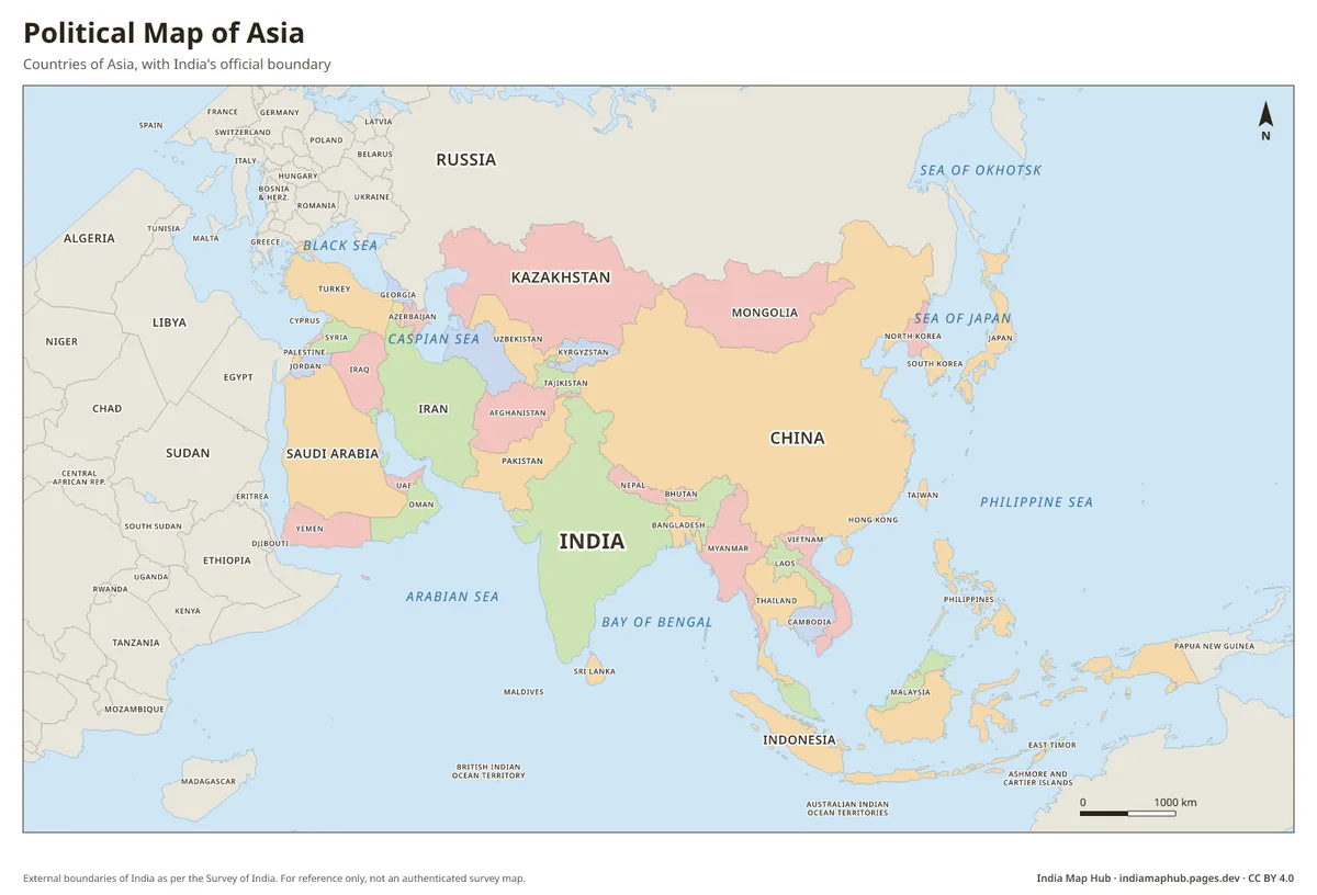 Political Map of Asia – Countries of Asia, with India's official boundary