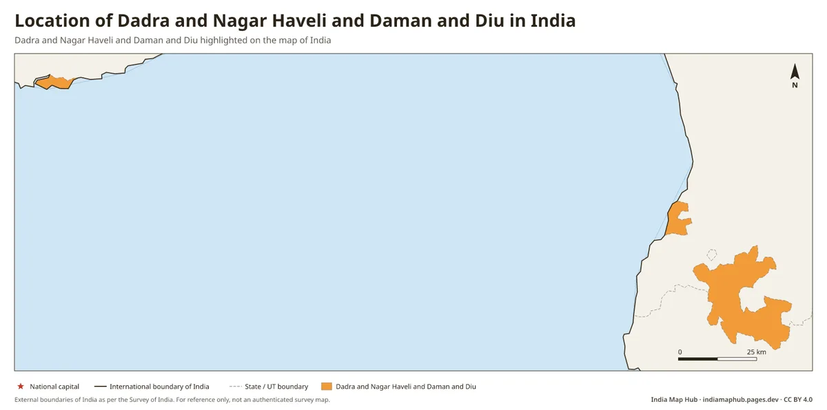 Location of Dadra and Nagar Haveli and Daman and Diu in India – Dadra and Nagar Haveli and Daman and Diu highlighted on the map of India
