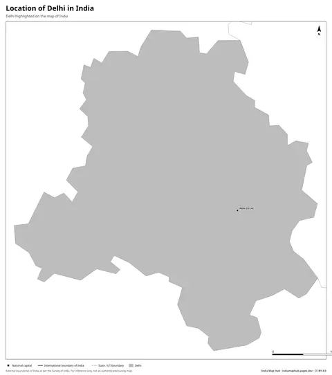 Delhi on India Map – Black & white