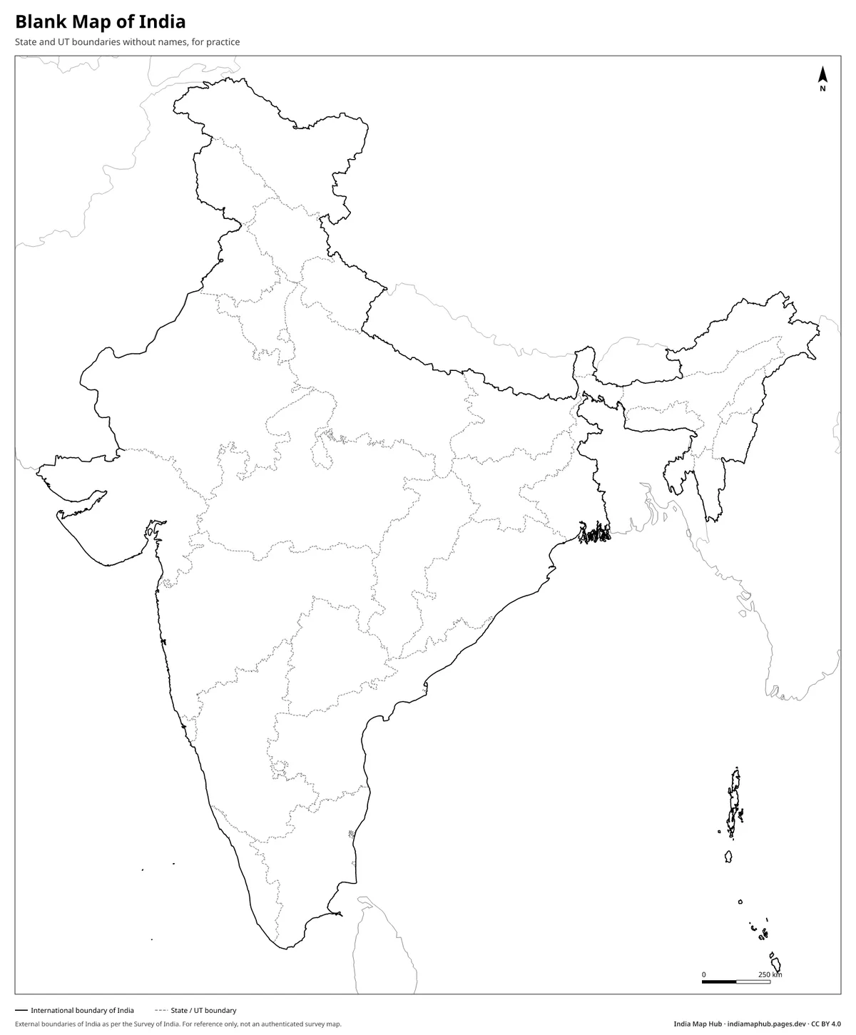 Blank Map of India – State and UT boundaries without names, for practice