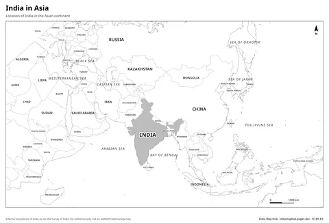 India in Asia Map – Black & white