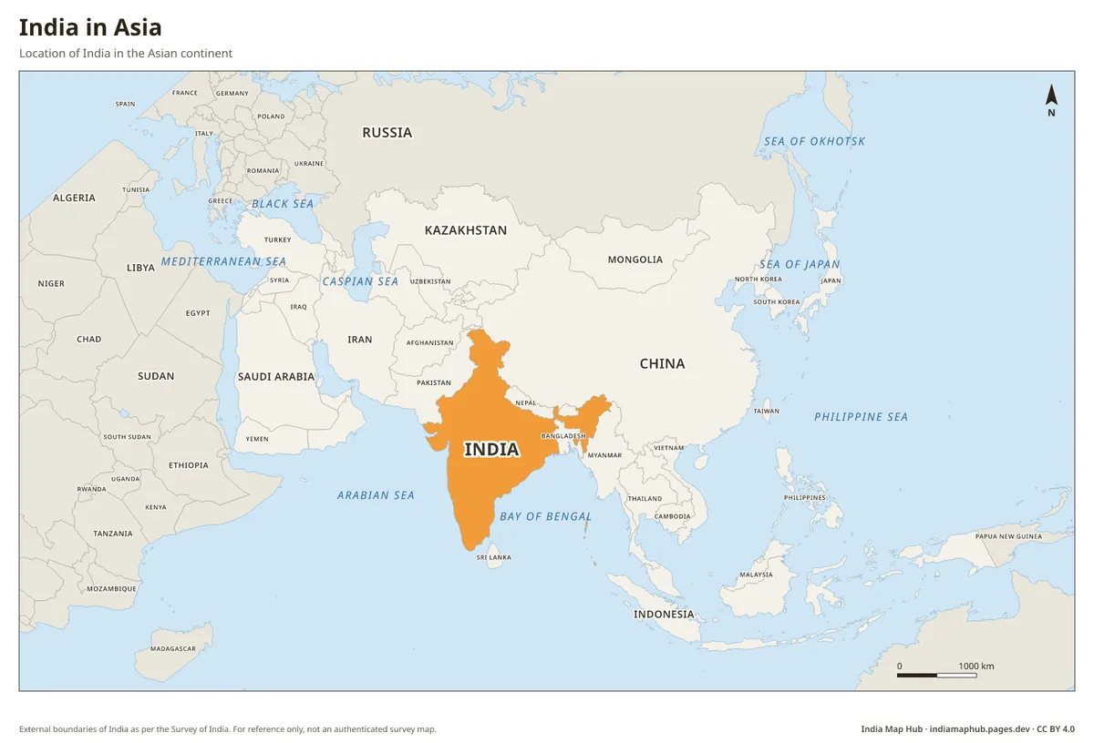 India in Asia – Location of India in the Asian continent