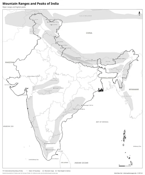 Mountain Ranges of India Map – Black & white
