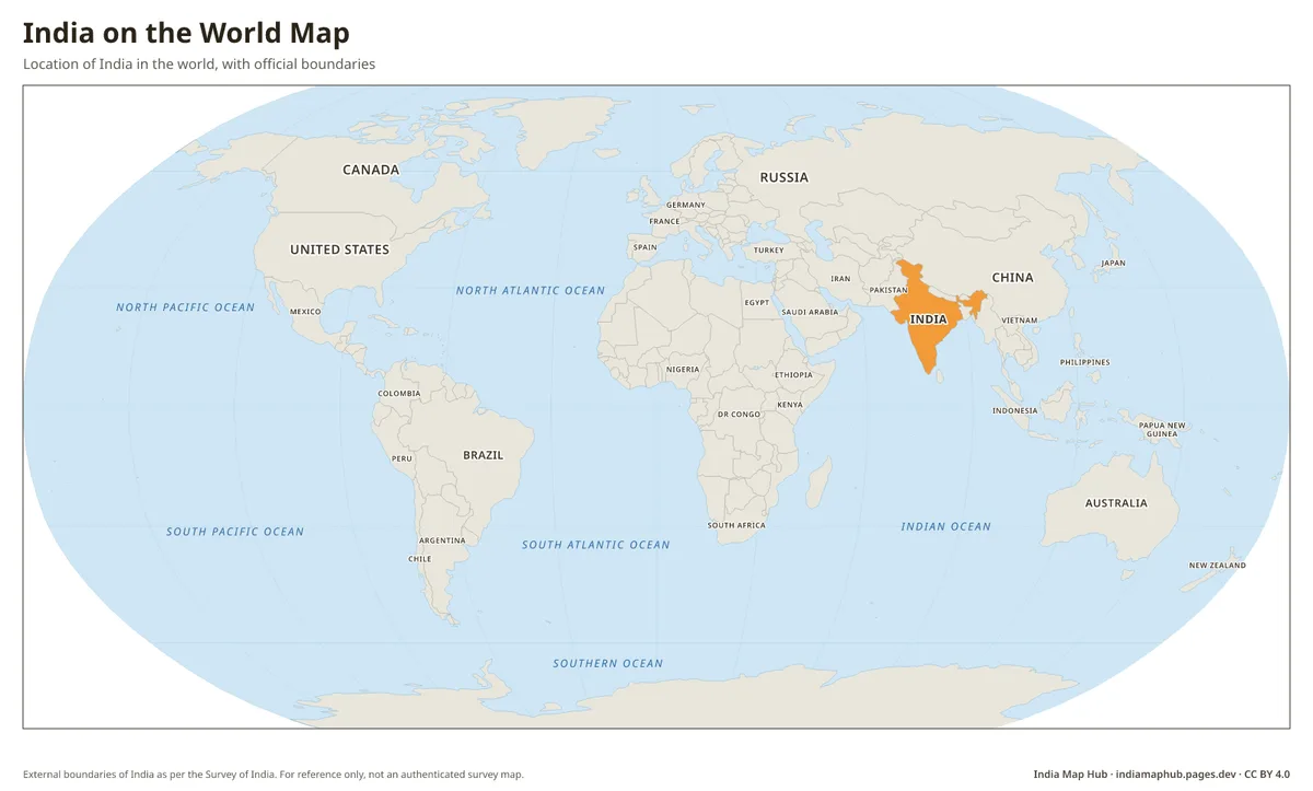 India on the World Map – Location of India in the world, with official boundaries
