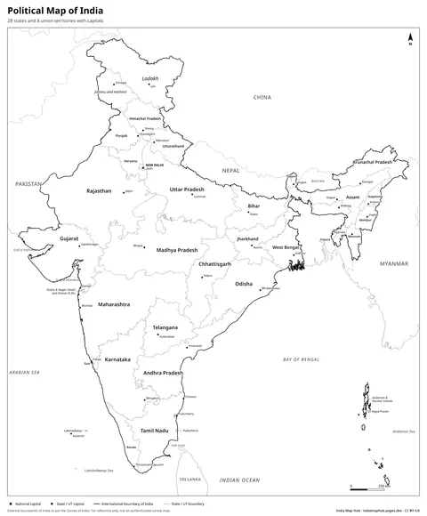 India Political Map – Black & white