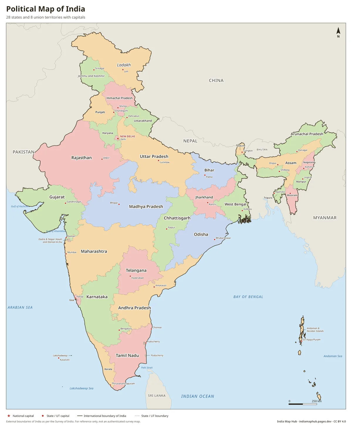 Political Map of India – 28 states and 8 union territories with capitals