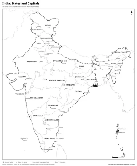 India Map with States and Capitals – Black & white