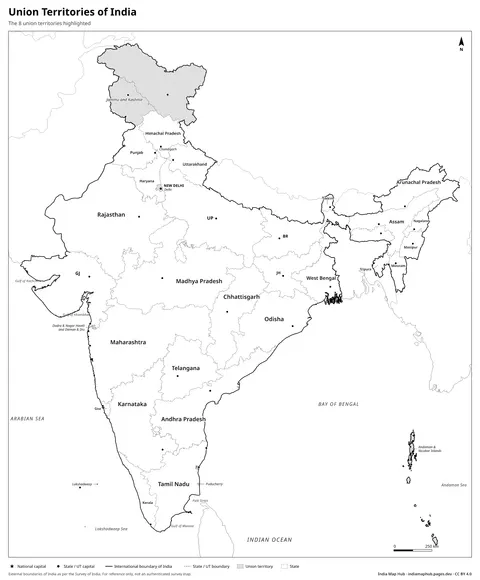 Union Territories of India Map – Black & white