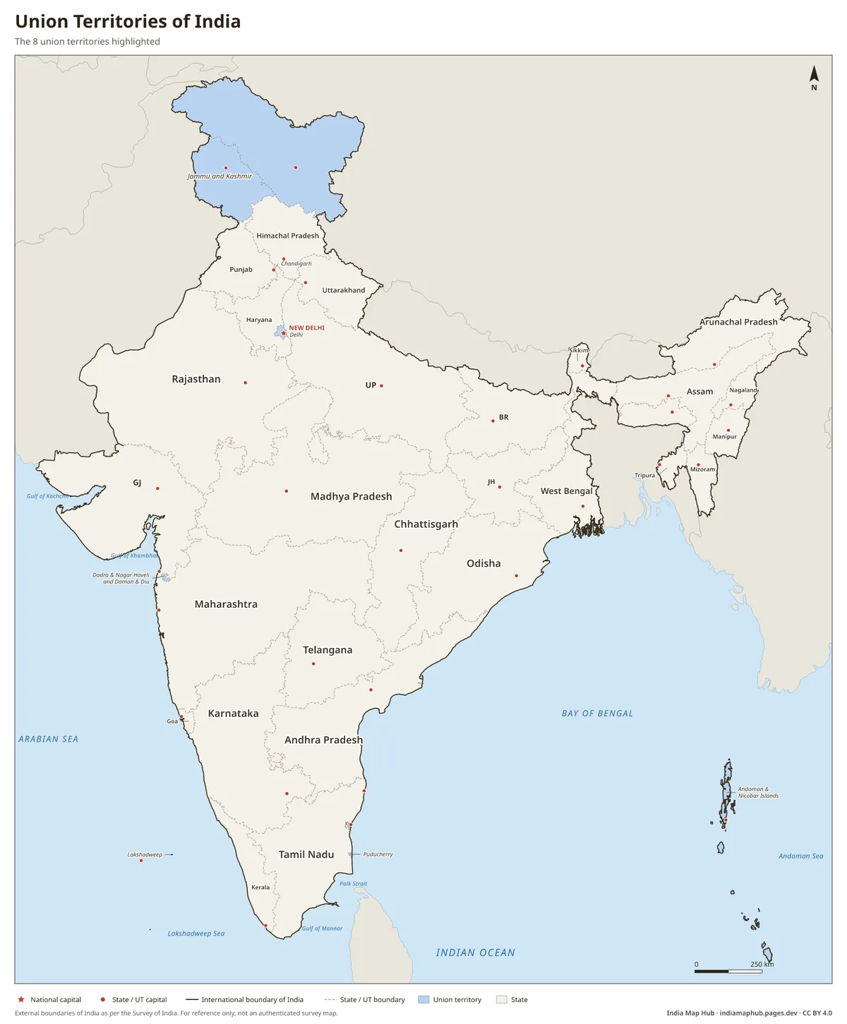 Union Territories of India – The 8 union territories highlighted
