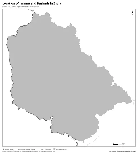 Jammu and Kashmir on India Map – Black & white