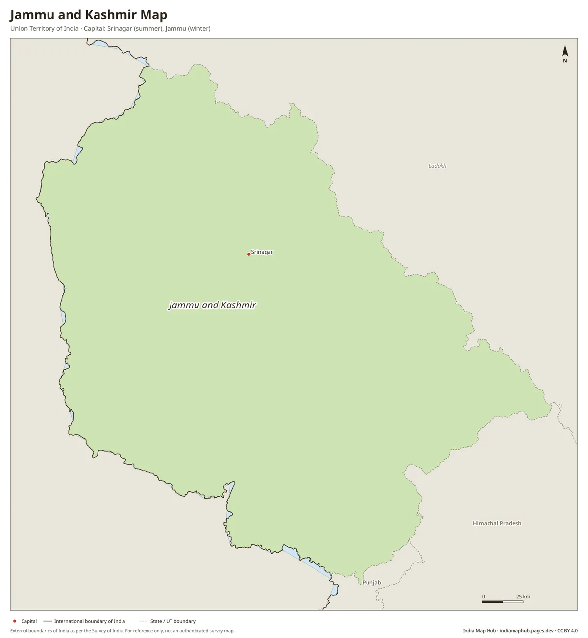 Jammu and Kashmir Map – Union Territory of India · Capital: Srinagar (summer), Jammu (winter)