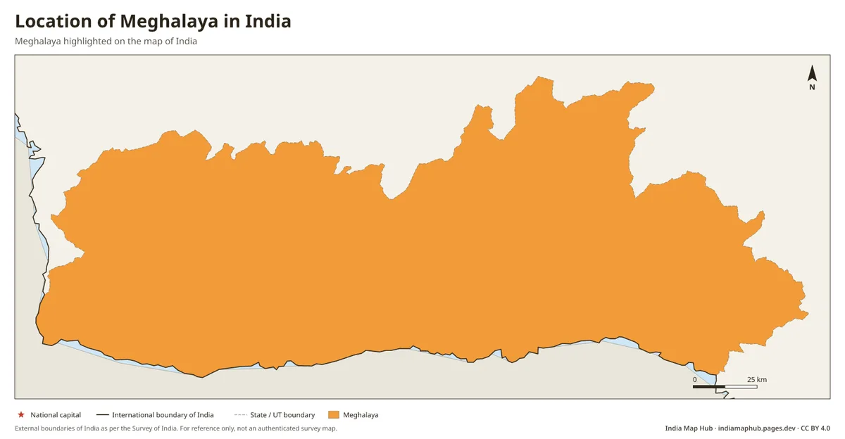 Location of Meghalaya in India – Meghalaya highlighted on the map of India