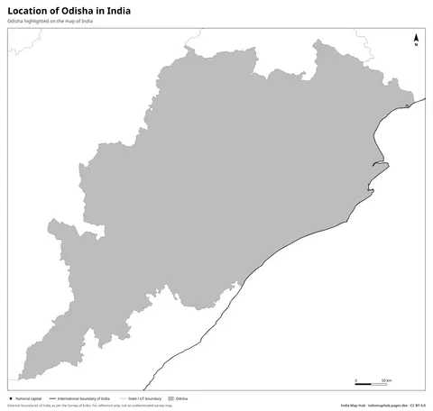 Odisha on India Map – Black & white