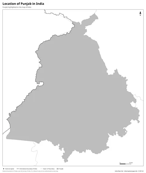 Punjab on India Map – Black & white