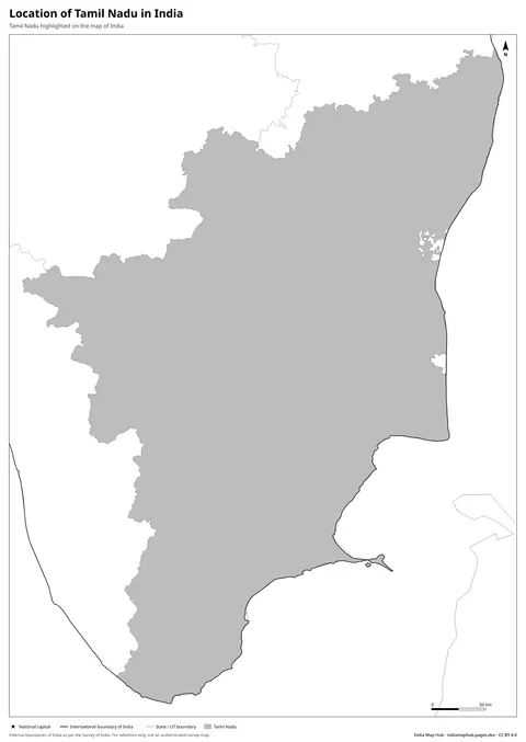 Tamil Nadu on India Map – Black & white