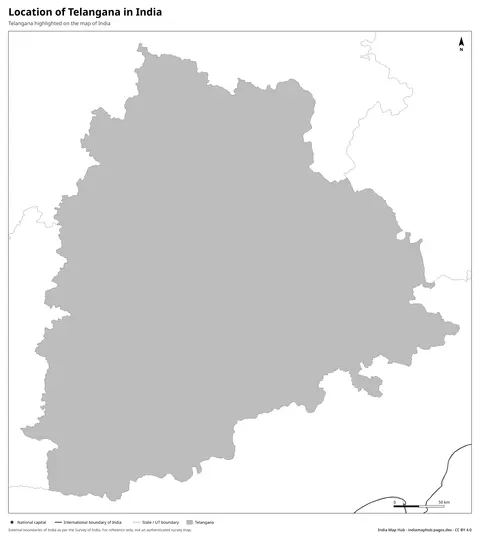 Telangana on India Map – Black & white