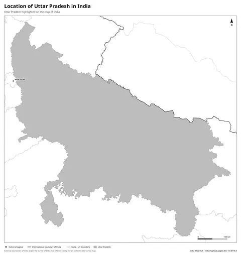 Uttar Pradesh on India Map – Black & white