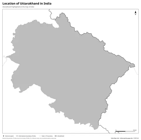 Uttarakhand on India Map – Black & white